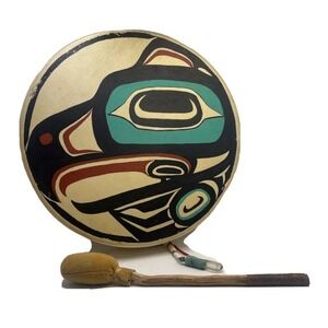 Native American Haida Painted Drum "Raven & Killer Whale" Deer Hide By FOX 1988